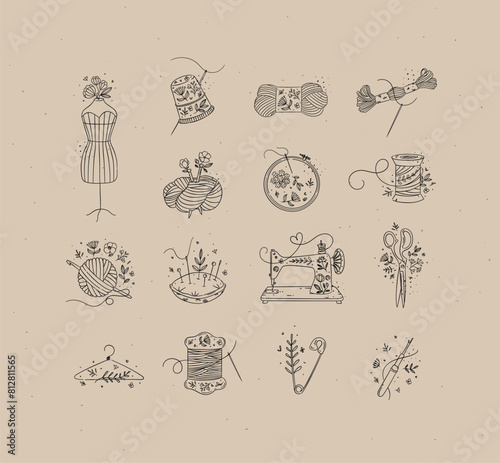 Sewing item icons scissors, mannequin, pin, thimble, wool, threads, yarn, skein, bobbin, pillow, sewing machine, hanger, embroidery circle hook drawing in floral style on coffee color background