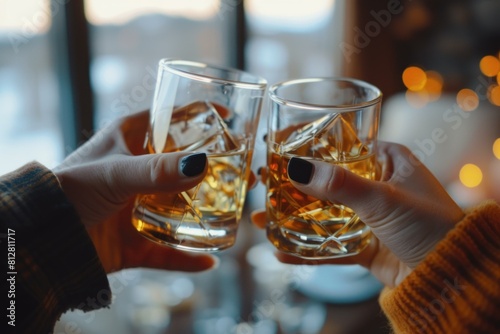Closeup of two hands clinking whiskey glasses  warm indoor celebration backdrop