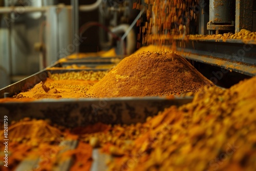 Grinding process to produce spices using machinery in a professional factory.