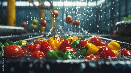 Steps for washing sweet, red, and yellow bell peppers in a vegetable factory. photo