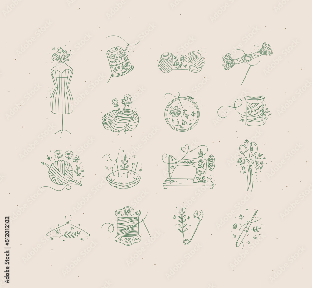 Sewing item icons scissors, mannequin, pin, thimble, wool, threads, yarn, skein, bobbin, pillow, sewing machine, hanger, embroidery circle hook drawing in floral style with green on beige background