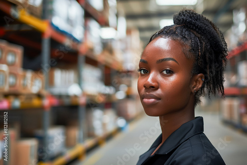 Warehouse worker african american woman, handling orders, manufacturing facility.