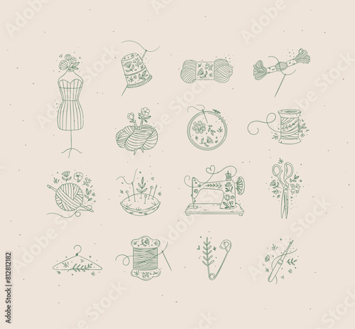 Obraz na płótnie Sewing item icons scissors, mannequin, pin, thimble, wool, threads, yarn, skein, bobbin, pillow, sewing machine, hanger, embroidery circle hook drawing in floral style with green on beige background w salonie