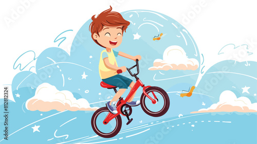 Child boy riding bicycle against sky blue backdrop