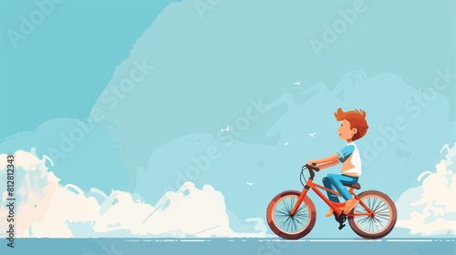 Child boy riding bicycle against sky blue backdrop