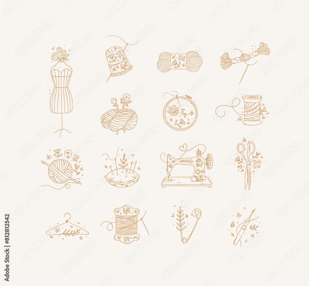 Sewing item icons scissors, mannequin, pin, thimble, wool, threads, yarn, skein, bobbin, pillow, sewing machine, hanger, embroidery circle hook drawing in floral style with beige on light background