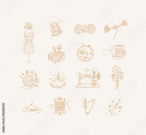 Obraz na płótnie Sewing item icons scissors, mannequin, pin, thimble, wool, threads, yarn, skein, bobbin, pillow, sewing machine, hanger, embroidery circle hook drawing in floral style with beige on light background w salonie