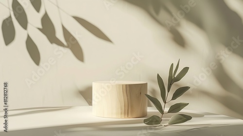 Round wooden cylinder shape display with plant leaf and shadows Minimal geometric podium for eco cosmetics product presentation : Generative AI