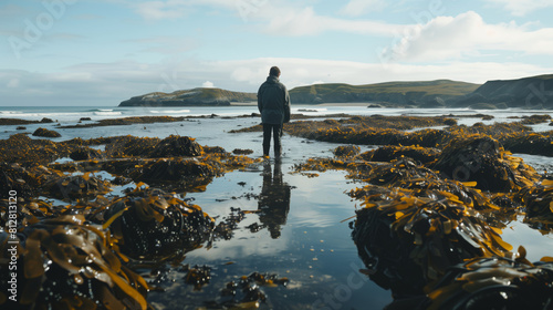 A man exploring tide pools and discovering marine life photo