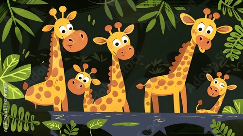 Playful Giraffe Family in Lush Jungle Landscape