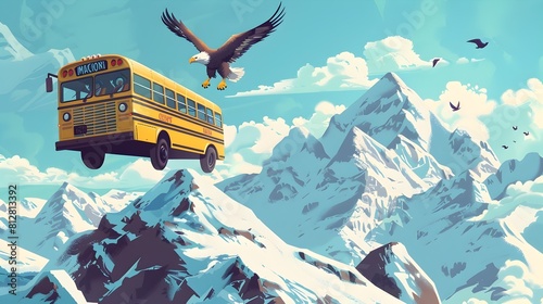 Majestic Eagle Soars Above Towering Snowcapped Mountains and Scenic Transportation photo