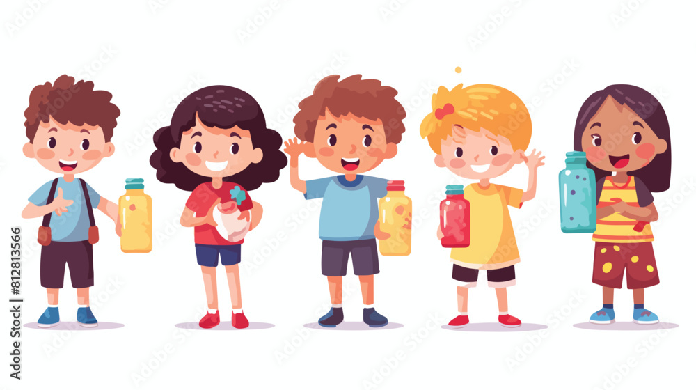 Children boys and girls drinking water milk soda an