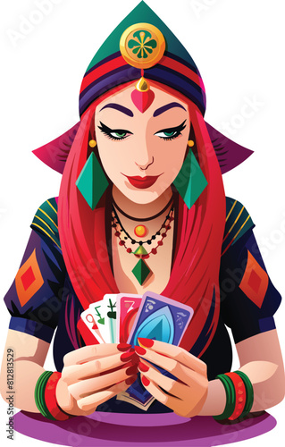 Person with cards dressed as a fortune teller-