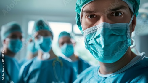 Surgical team in operating room with male surgeon in focus wearing blue scrubs and surgical mask.