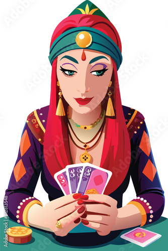 Person with cards dressed as a fortune teller-