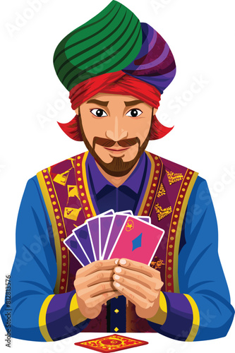 Person with cards dressed as a fortune teller-