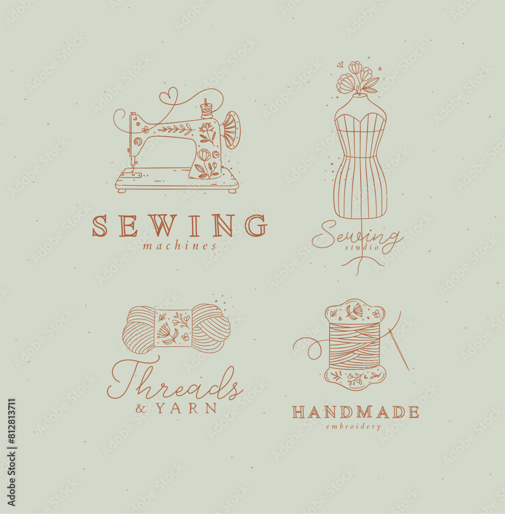 Sewing symbols machine, mannequin, wool, thread with lettering drawing in floral style on turquoise background