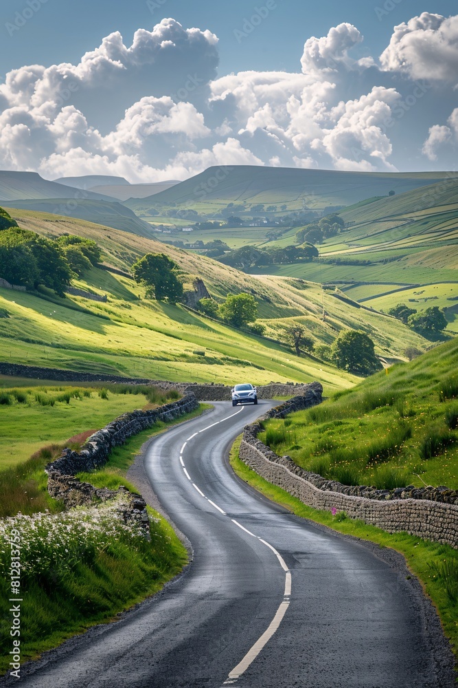 Rural Roadway in the Countryside: Winding Path Through Pastoral Landscape with Distant Mountains and Vehicle Rural Roadway in the Countryside: Winding Path Through Pastoral Landscape with Distant Mountains and Vehicle