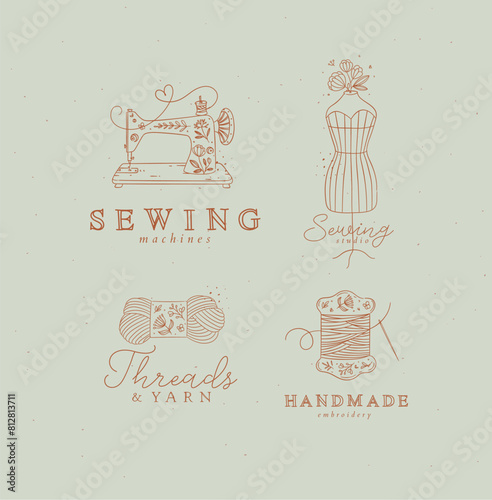 Obraz na płótnie Sewing symbols machine, mannequin, wool, thread with lettering drawing in floral style on turquoise background w salonie
