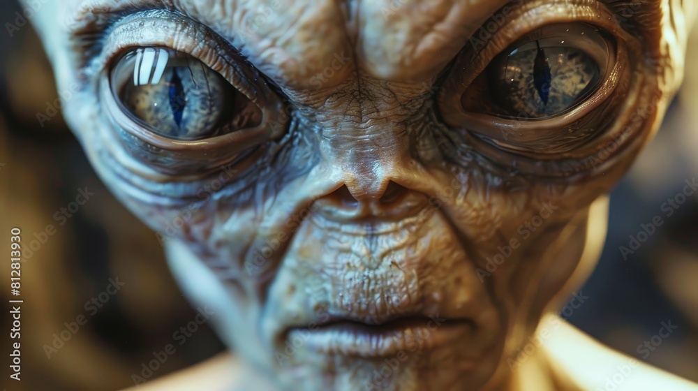 Close-up of a fictional extraterrestrial creature with a humanoid face