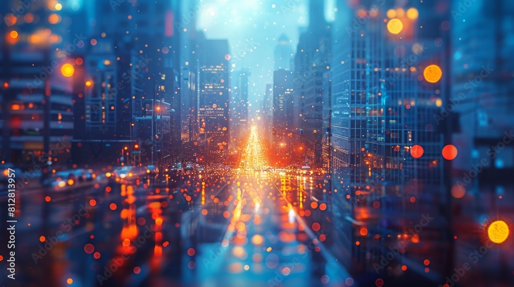 A city street with lights and raindrops on the road, AI A city street with lights and raindrops on the road, AI