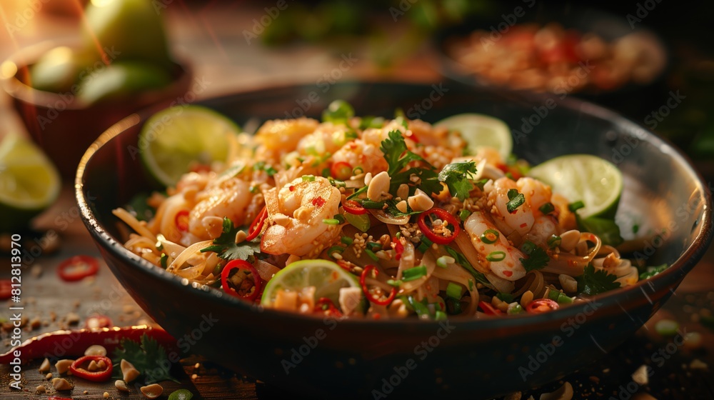 A bowl of delicious Thai food set on a wooden table, illuminated by warm evening light A bowl of delicious Thai food set on a wooden table, illuminated by warm evening light