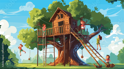 Children have fun on tree house. Wooden lodge on bi