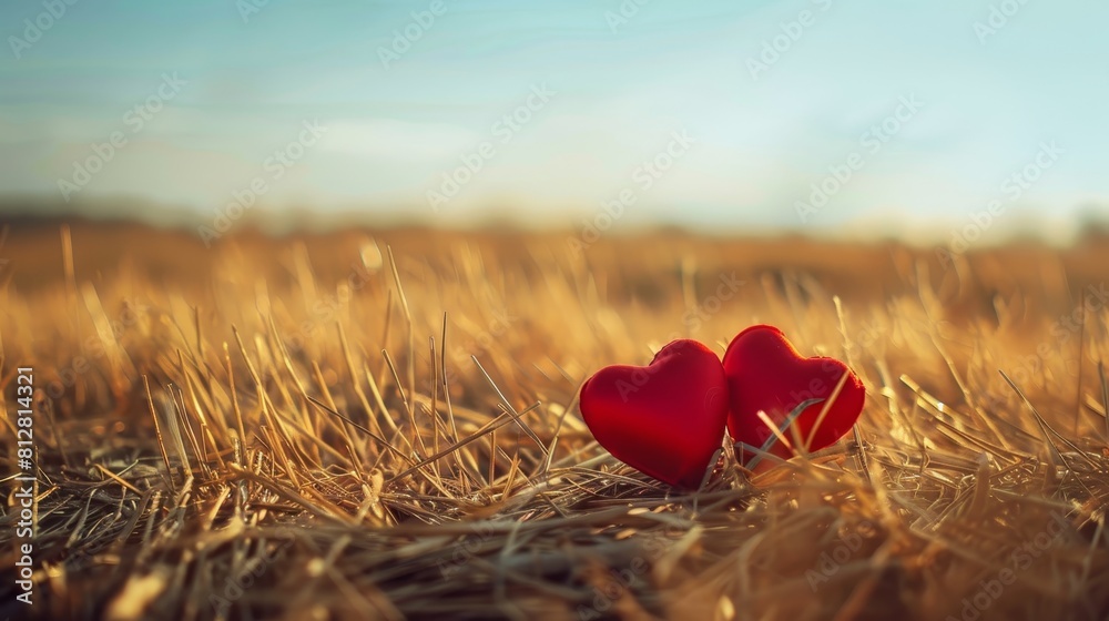 Fototapeta premium Two red hearts on a wheat field