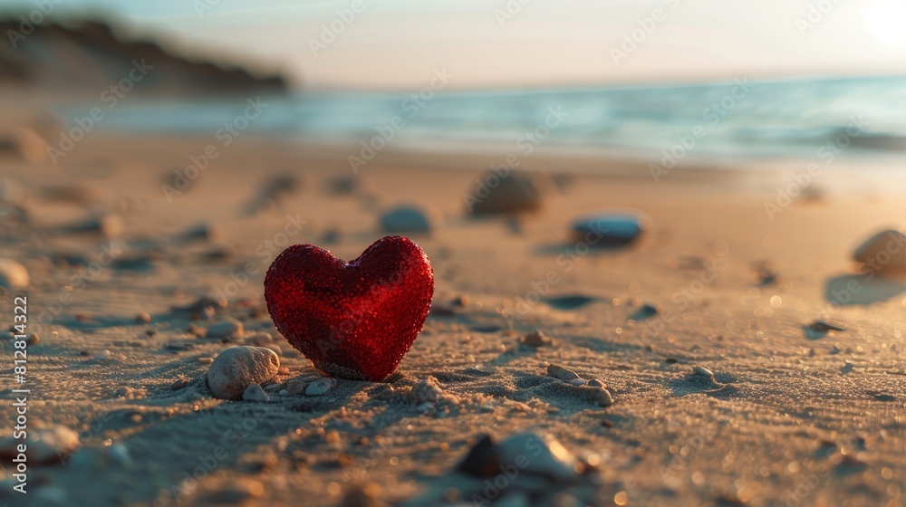 Fototapeta premium Red heart on the beach at sunset