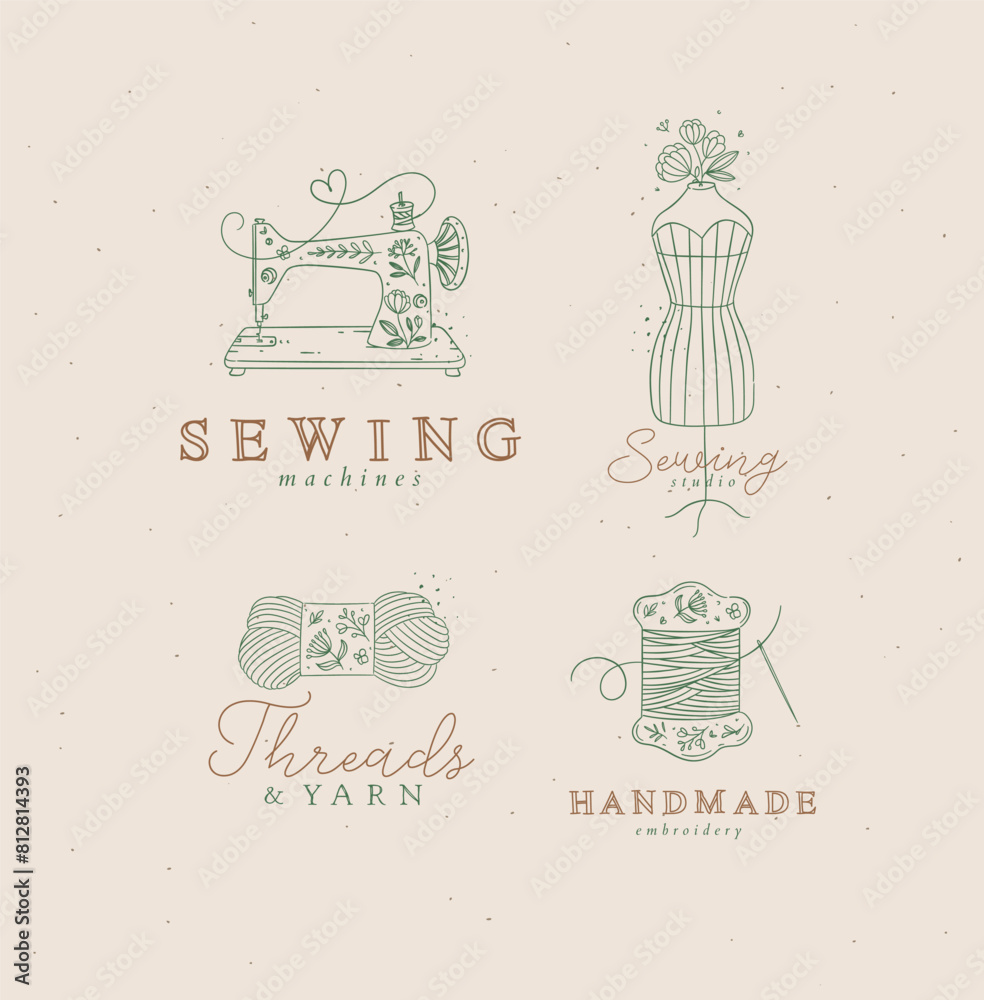 Sewing symbols machine, mannequin, wool, thread with lettering drawing in floral style with green on beige background
