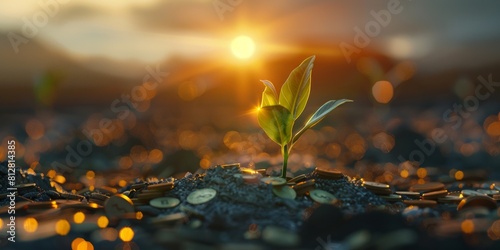Symbolic wealth and growth: Delicate plant sprouting from a mound of coins. Nature's financial success concept. photo