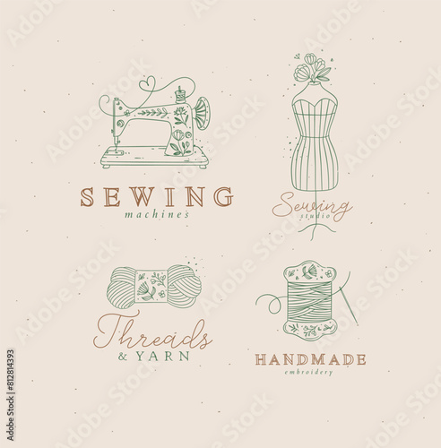 Obraz na płótnie Sewing symbols machine, mannequin, wool, thread with lettering drawing in floral style with green on beige background w salonie