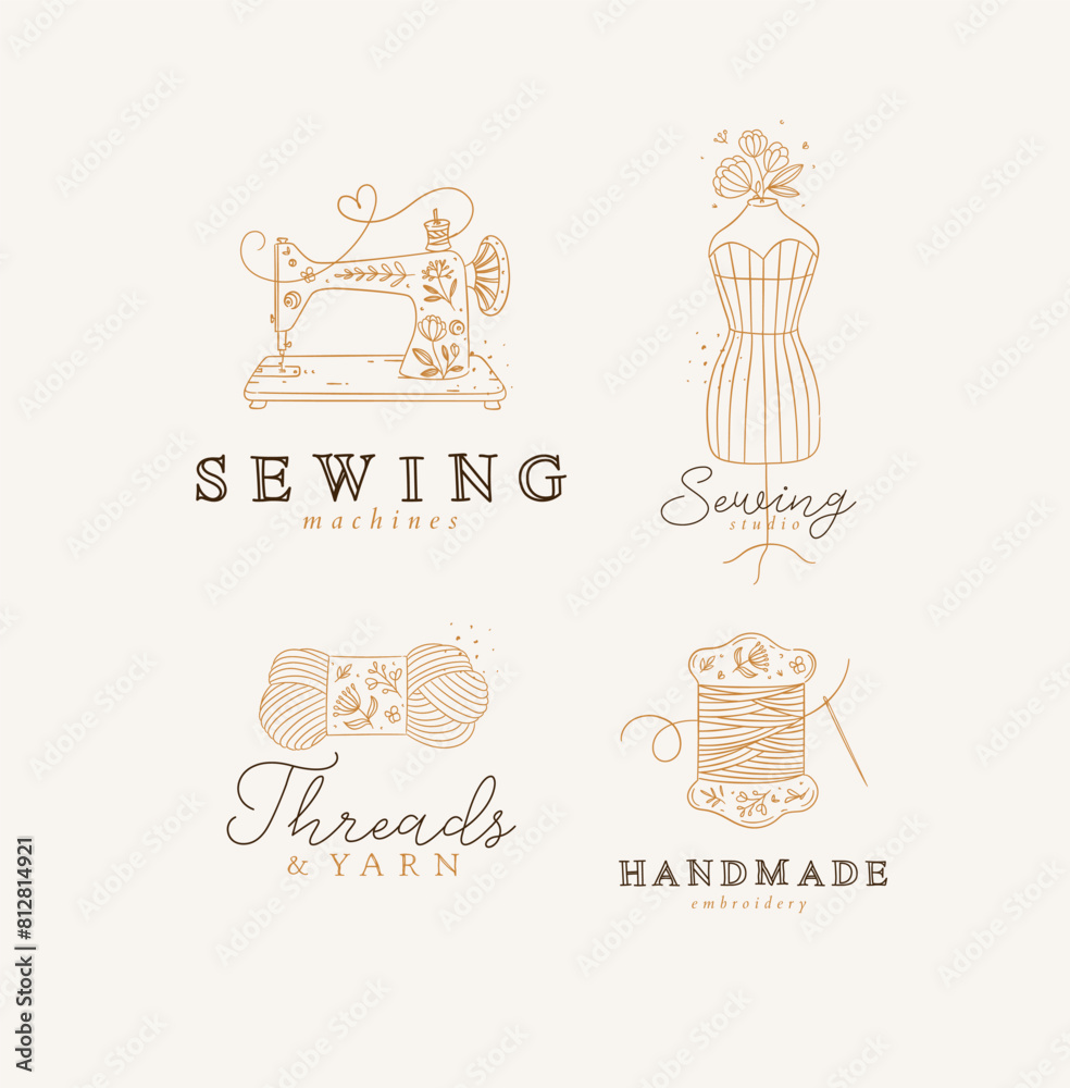 Sewing symbols machine, mannequin, wool, thread with lettering drawing in floral style on beige background
