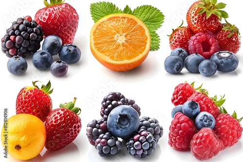 Assorted Fresh Seasonal Fruits and Berries on Bright White Background