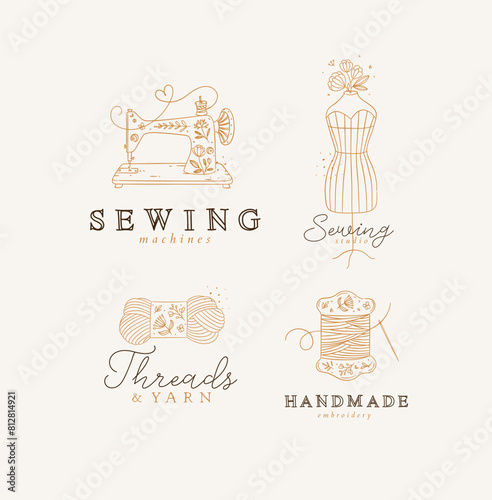 Obraz na płótnie Sewing symbols machine, mannequin, wool, thread with lettering drawing in floral style on beige background w salonie