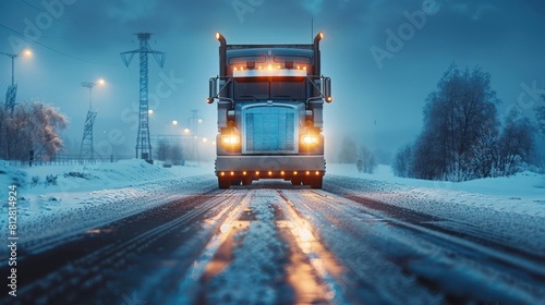 A semi truck drives down a snowy road at night.