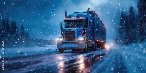 A semi truck drives through a snowstorm on a rural road.
