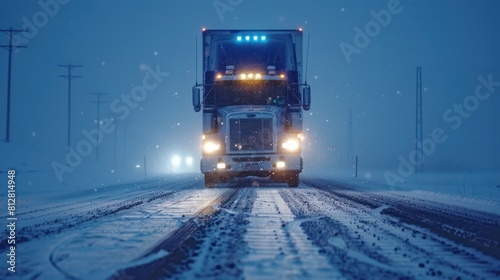 A semi truck drives through a snowstorm on an icy road at night.
