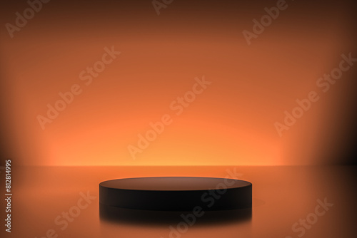 Presentation Stand. minimalist black circular podium on warm amber backdrop. showcasing products, focus to center stage. 3d rendering