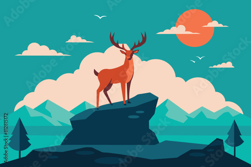 Deer standing on the rock looking at the landscape mountain island sea with sun and cloud along the flock of flying birds