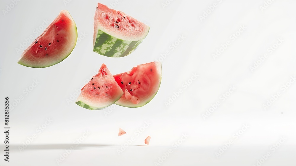 Fresh raw watermelon falling in the air isolated on white background Food levitation or zero gravity conception igh resolution image : Generative AI