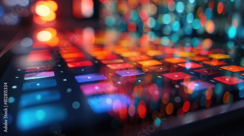 Abstract image of a dj mixer with a lot of colorful buttons and lights in the background.