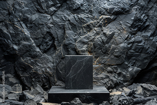 Black Marble Blocks in a Rugged Quarry