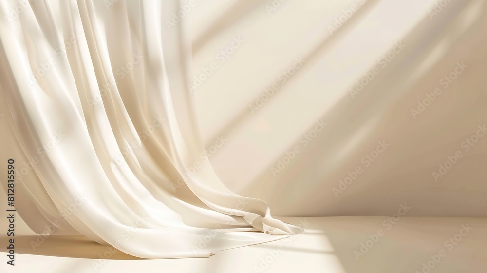 Abstract 3d studio with draping silk fabric and shadow on cream beige pastel monochrome background for cosmetic product presentation Empty room scene podium or stand with copy space Ba : Generative AI Abstract 3d studio with draping silk fabric and shadow on cream beige pastel monochrome background for cosmetic product presentation Empty room scene podium or stand with copy space Ba : Generative AI