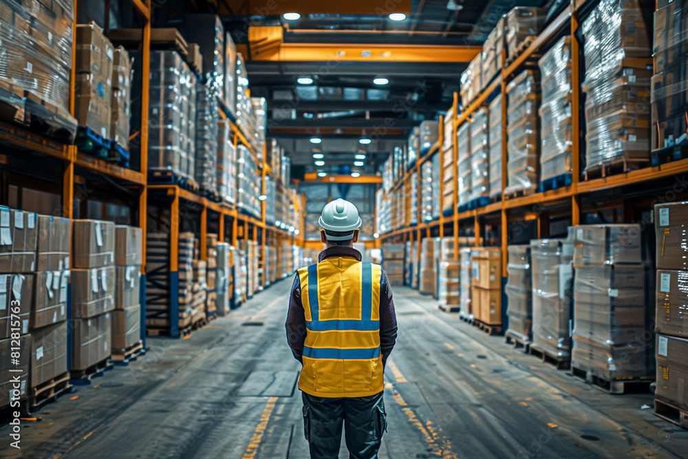 Warehouse worker, checking packages on shelves, logistic employee ensuring proper storage, working in shipping and distribution. Warehouse worker, checking packages on shelves, logistic employee ensuring proper storage, working in shipping and distribution.