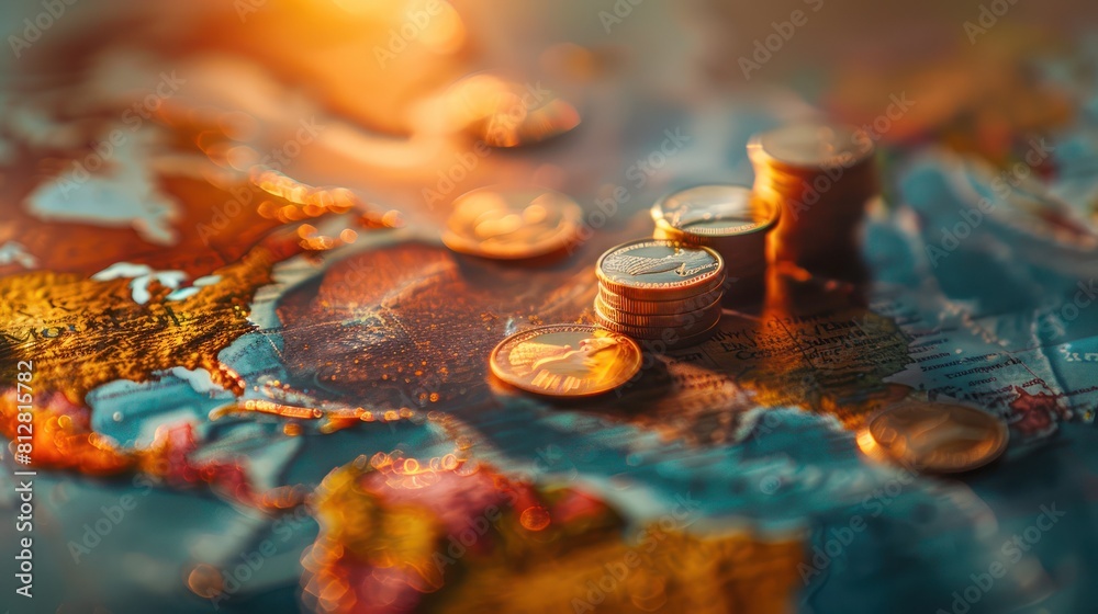 Close-up image of a stack of shiny gold coins on top of an antique world map with a glowing warm light. Close-up image of a stack of shiny gold coins on top of an antique world map with a glowing warm light.