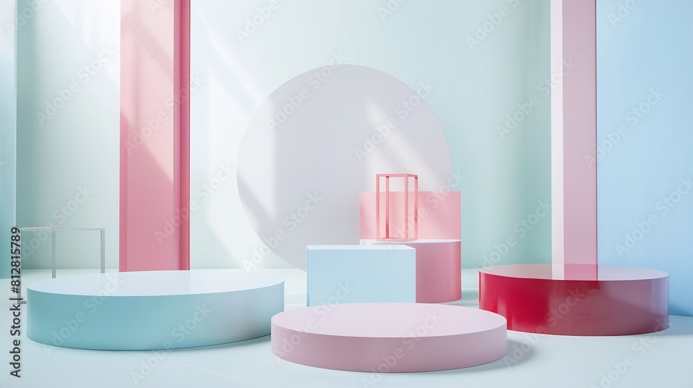 Abstract background trendy composition with geometric shapes forms podium platform on white background : Generative AI Abstract background trendy composition with geometric shapes forms podium platform on white background : Generative AI