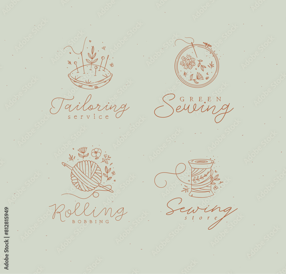Sewing labels pillow with needles, embroidery circle, ball and skein of thread with lettering drawing in floral style on turquoise background