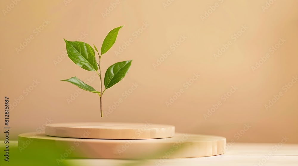 Minimal wood podium with blurred green leaf plant on beige backgroundBeauty cosmetic natural mild product modern displaynature eco friendly concept : Generative AI Minimal wood podium with blurred green leaf plant on beige backgroundBeauty cosmetic natural mild product modern displaynature eco friendly concept : Generative AI