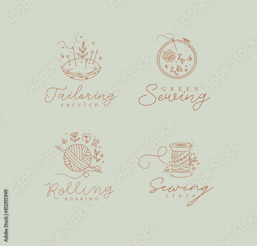 Obraz na płótnie Sewing labels pillow with needles, embroidery circle, ball and skein of thread with lettering drawing in floral style on turquoise background w salonie
